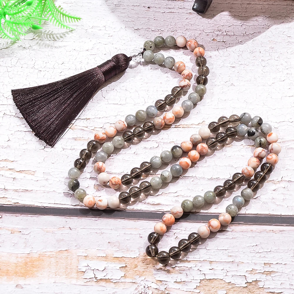 8mm Labradorite Smoke Quartz Beaded 108 Mala Necklace Bracelet Jewelry Set Meditation Yoga Prayer Japamala Rosary