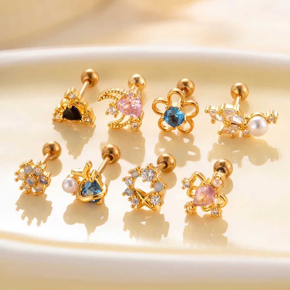 Gold Diasy Zirconia Earrings For Women Copper Inlaid Rhinestone Stud