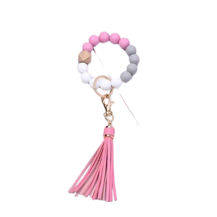 Tassel Wood Silicone Bead Bracelet Key Chain Female Women Hot Selling Bracelet Key Ring Wrist Bangle Keychains Accessory