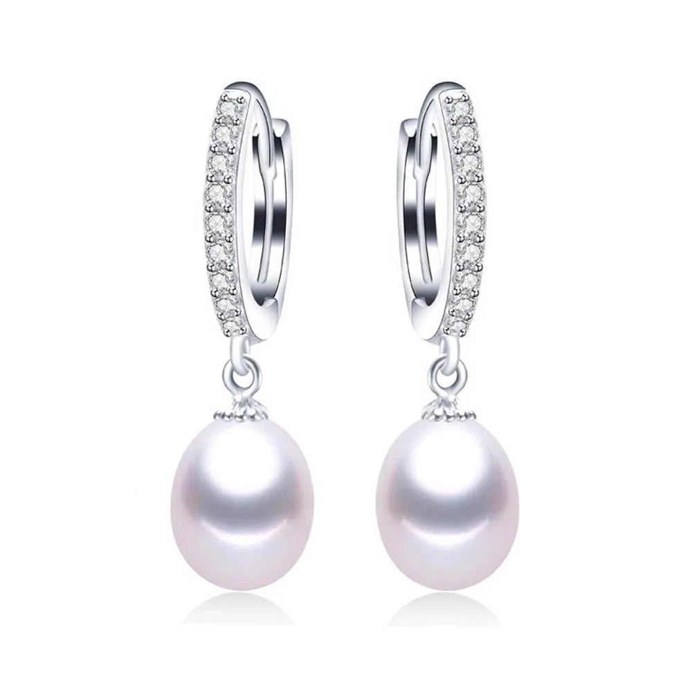 Simple 925 Silver 8-9mm Pearl Earring for Women Real Natural Freshwater Pearl Rice Round Hoop Earrings Fashion Jewelry Gifts