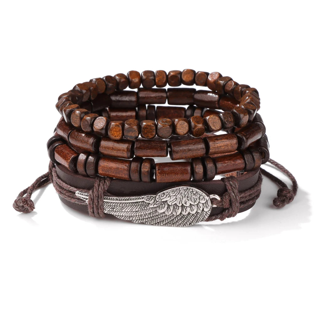 Fashion Braided Wrap Leather Bracelet Vintage Wood Beads Feather Skull Arrow Ethnic Bracelets Bangles Men Women Energy Jewelry
