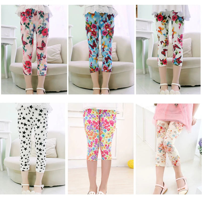 Hemasa 3-10years Girls Cropped Trousers Floral Print Flower Kids Calf Length Skinny Pants Stretch Leggings Children All-matches Bottoms