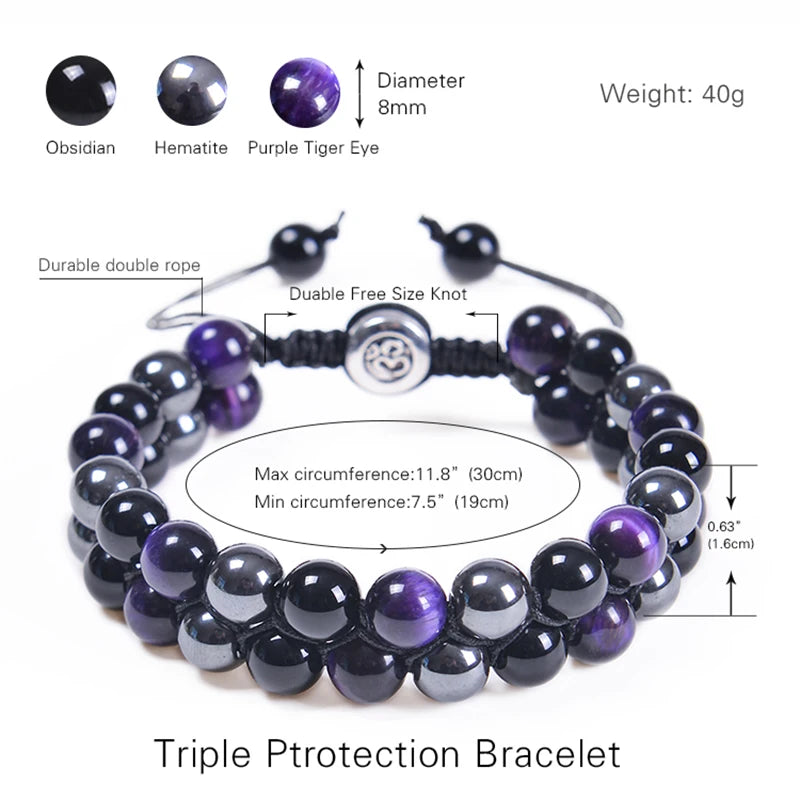 Hemasa Purple Tiger Eye Stone Hematite Obsidian Bracelets Healing Crystal Beads Bracelet Gifts