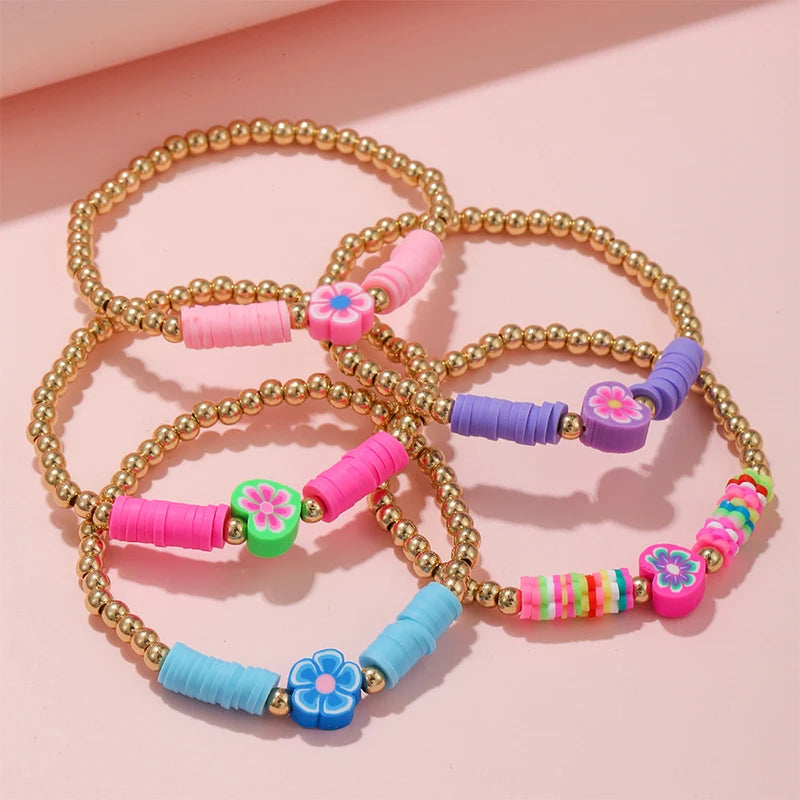 Hemasa 5Pcs/set Handmade Flower Heart Shape Polymer Clay Beads Bracelets  for  Girls
