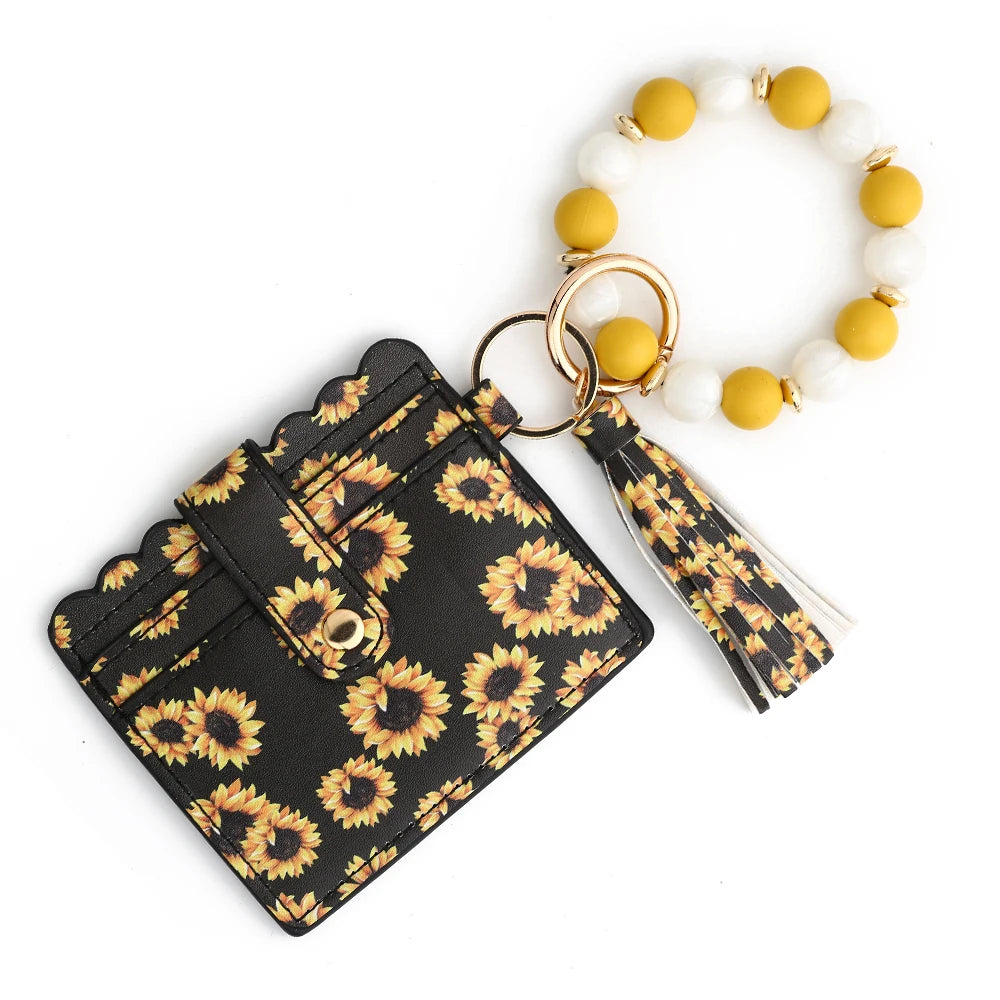Hemasa Silicone Bead Bracelet  Leather Card Bag Wristlet Keychain Silicone Beaded Bracelet Leather Tassel Wallet Bangle