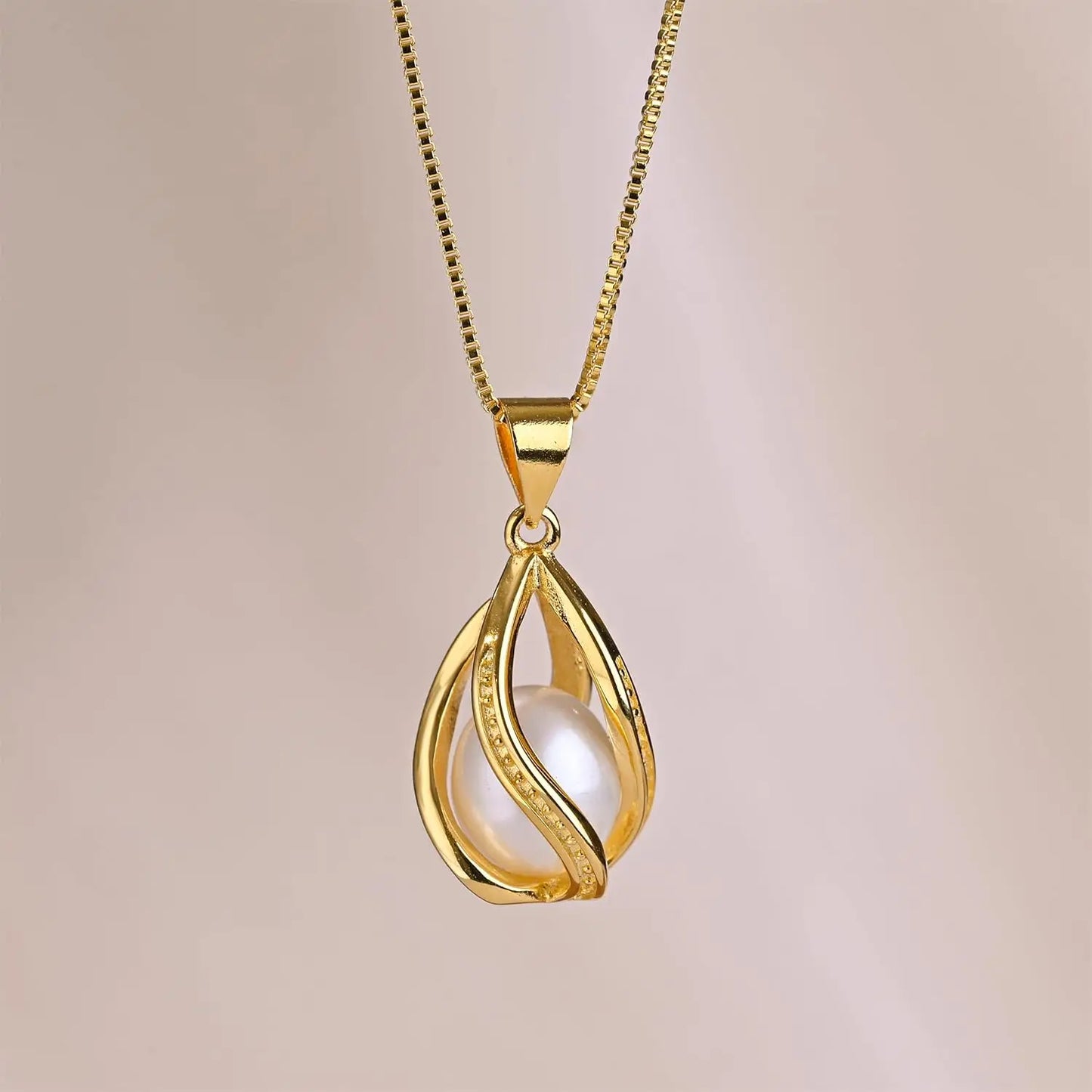 YWYC Gold Color Chain Pendant Necklace 8-9mm Natural Freshwater Pearl in Cage Pendant & Drop Earrings Jewelry Set for Women