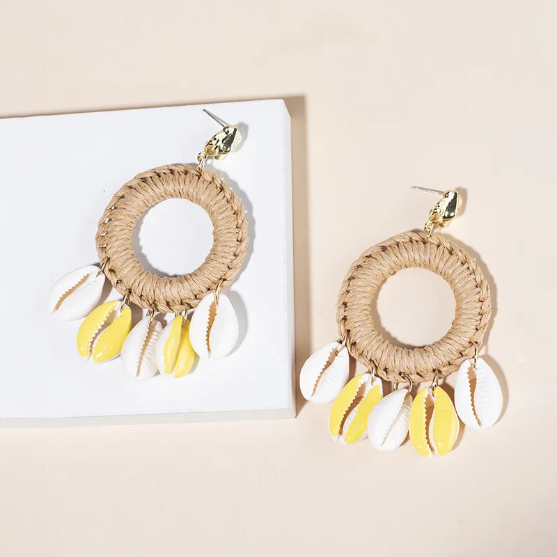 Boho Big Shell Cowrie Rattan Handmade Earrings Natural Seashell Statement Drop Earrings Women Summer Holiday Beach Jewelry Gift
