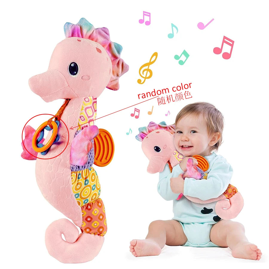Tejesa Baby Toys 0-6 Months Infant Musical Seahorse Stuffed Animal Plush Toy with Rattle Soft Newborn Toy for 0 6 9 12 Months Baby Boys