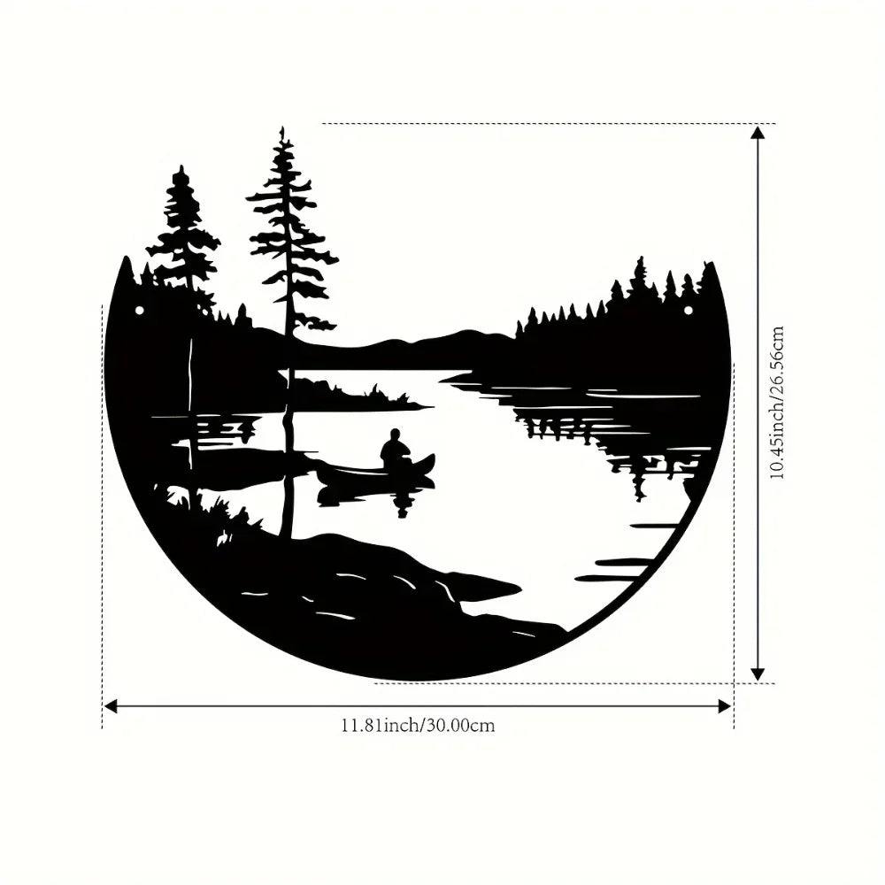 Hemasa 1 pc of bohemian style metal wall art scenic lake and mountain silhouette round outdoor sculpture home and patio wall decoration