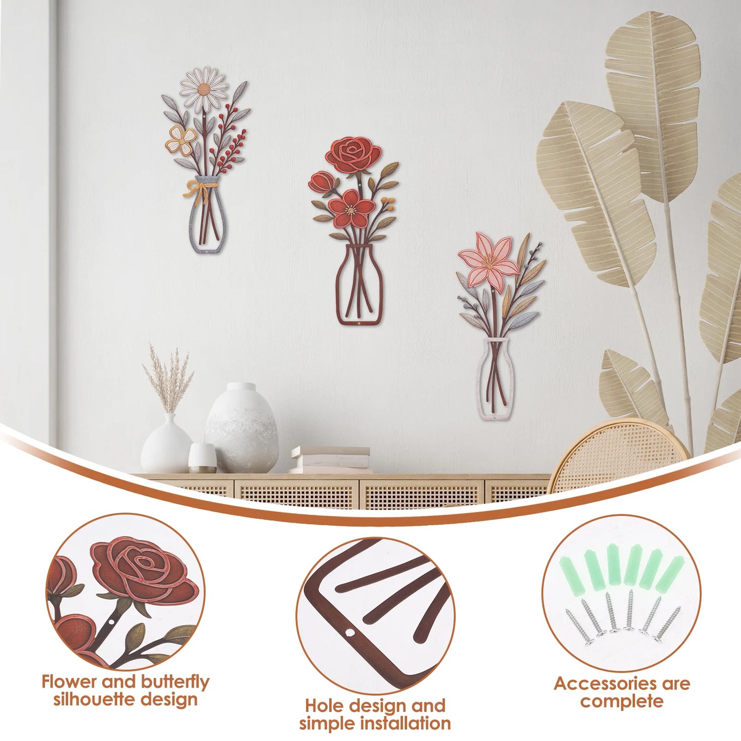3Pcs Flower Silhouette Painting Wall Decal Decor Metal Flowers Wall Arts Minimalist Rustic Farmhouse Decor Bathroom Wall Decor