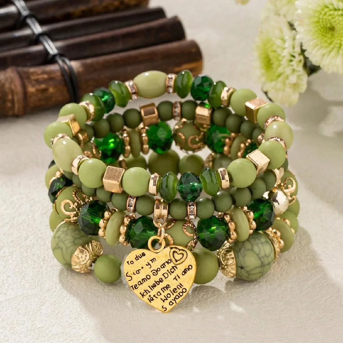 4Pcs Boho Crystal Beads Chain Bracelet Set For Women Vintage Heart Charm Elastic Bangle Female Fashion Party Jewelry