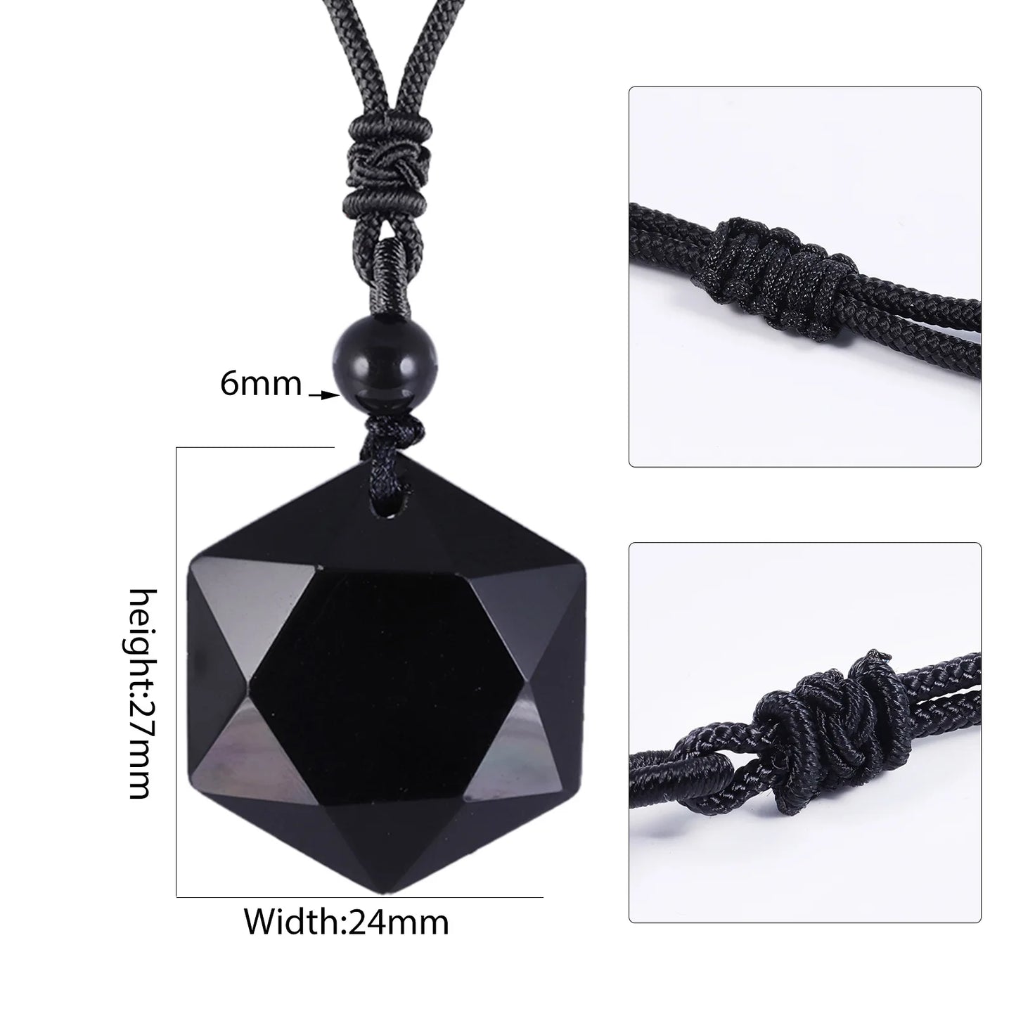 Hemasa Obsidian Hexagram Charm Rope Chain Necklace for Women