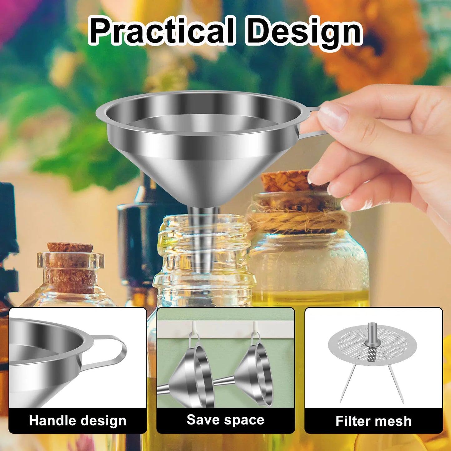 Tejesa 4Pcs Stainless Steel Funnel Kitchen Funnel with 3 Removable Strainer for Transferring Liquid Oils Jam Dry Ingredients and Powder