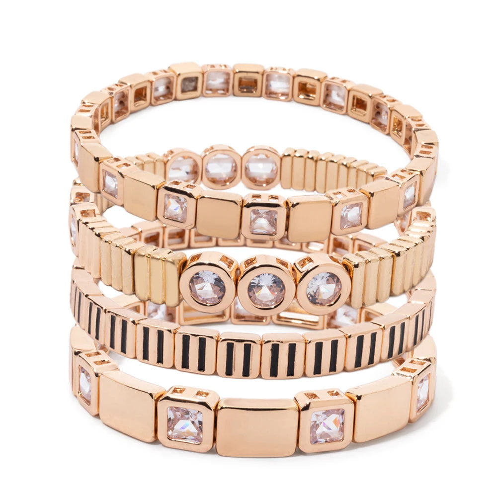 Gold Color Zirconia Bracelets For Women Rhinestone Charm Beaded Elastic Bangle