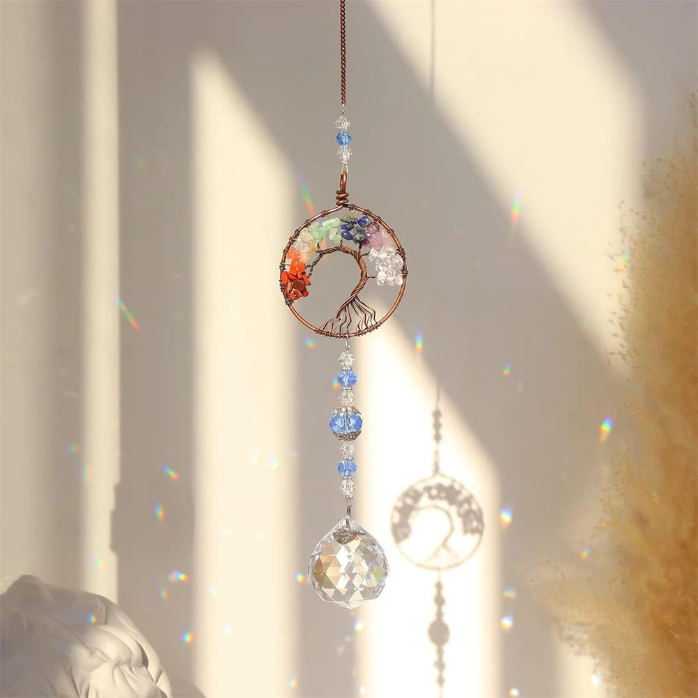 Crystal Sun Catcher Indoor Windows Hanging Tree of Life Rainbow Maker Drop Prisms Healing Chakra Decor for Window Home Car Gifts