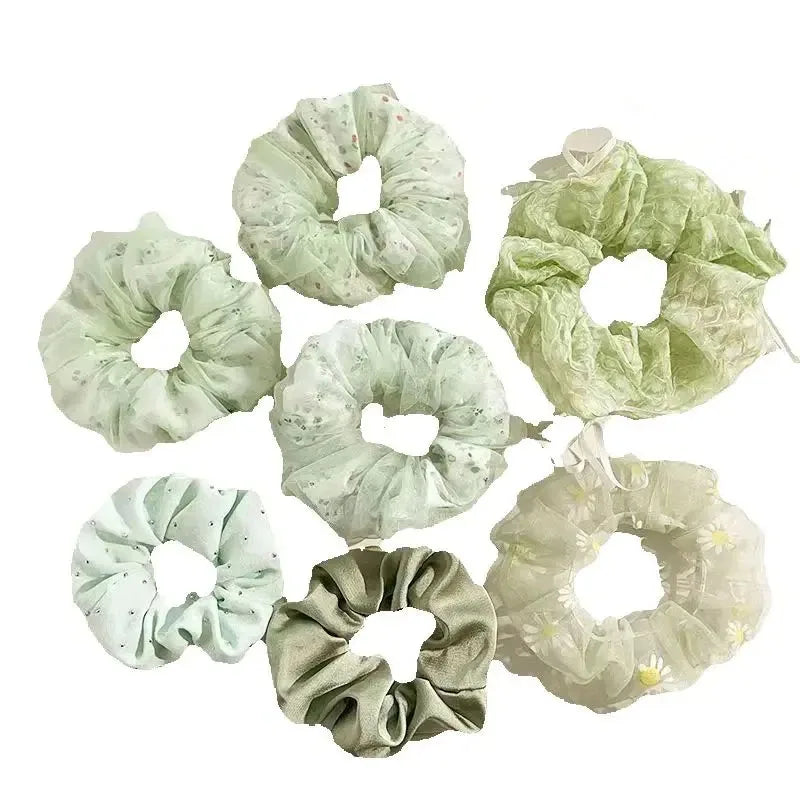 7pcs Spring and summer floral pig large intestine hair loop, high-end hair accessory with tied ponytail and headband