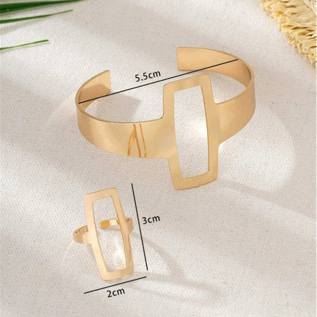 Vintage Bohemian Style Irregular Geometric Hollow Square Retro Exaggerated Bangle and Ring For Women Girls Party Jewelry