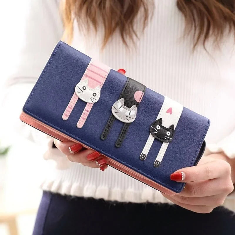 Women's Wallet Wear-resistant PU Leather Wallet Cute Cat Card Holder Mobile Phone Bag Long Clutch Coin Purse for Kids Girls