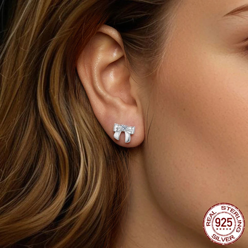 BAMOER Solid 925 Sterling Silver Bow Moissanite Stud Earrings for Women Teens Small Ribbon Stud Earrings Bowknot MSE085