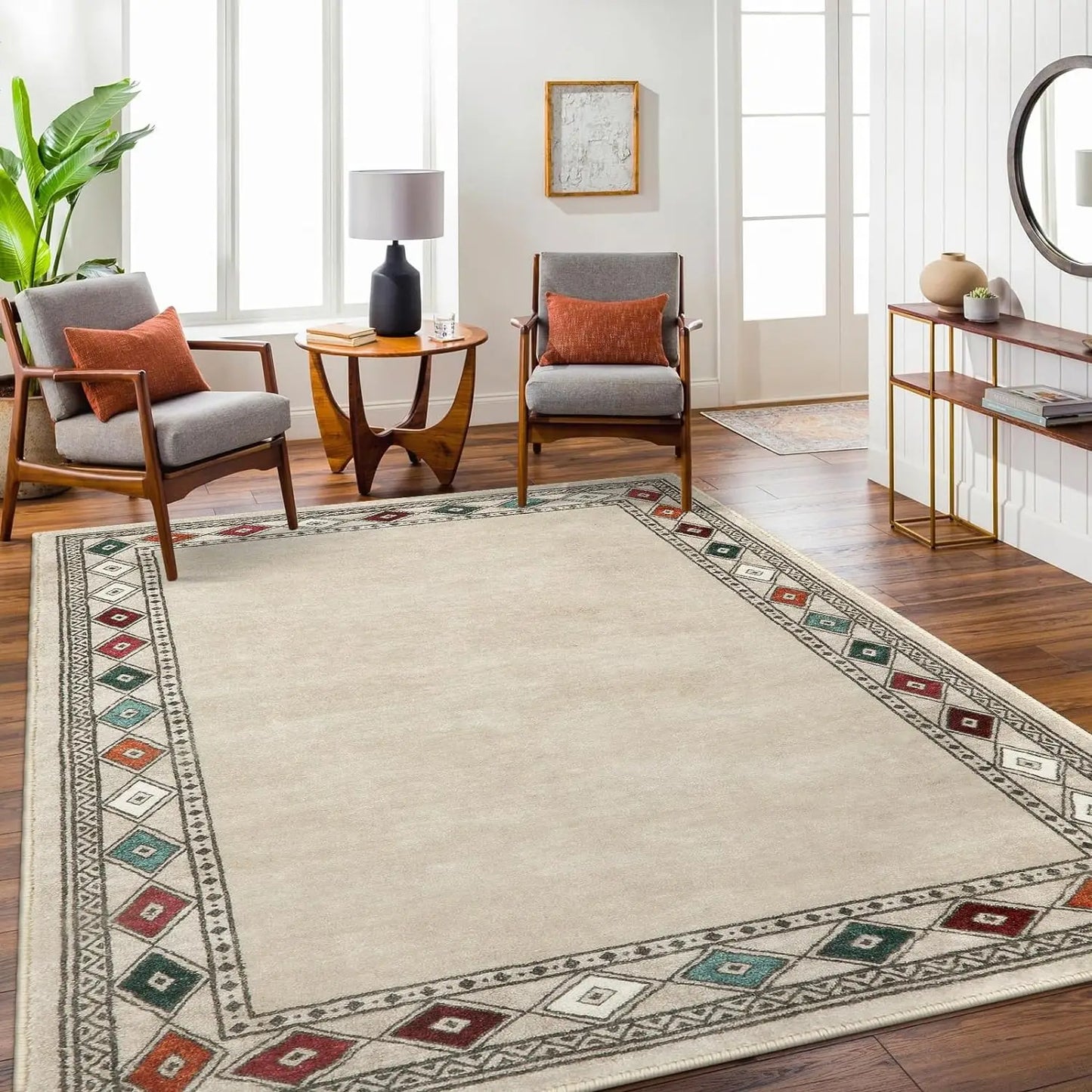 Modern Beige Bordered Washable Area Rugs Non Slip Living Room Carpet Sofa Table Large Area Rugs Bedroom Bedside Floor Mat Decor