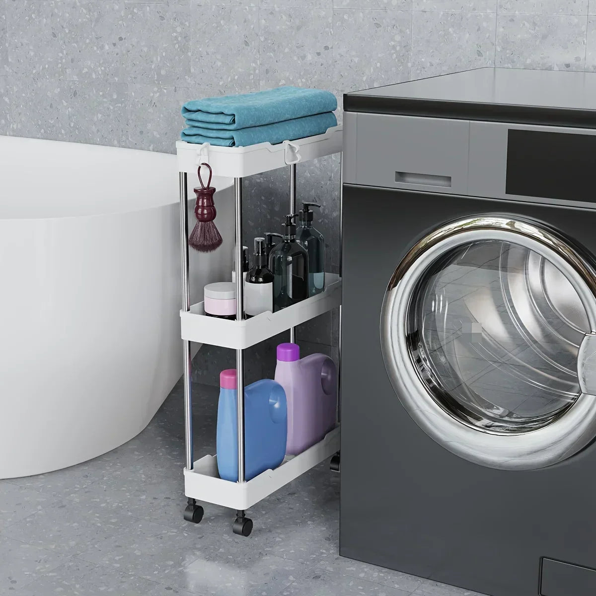Hemasa Bathroom Storage Rack With Wheels 3/4 Layer Rolling Utility Cart Bathroom Storage Organizer Multi-purpose Corner Shelf