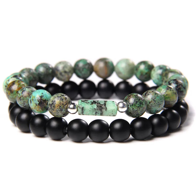 2pcs/set Beaded Bracelet Natural Stone Tiger Eye Hematite Beads Bracelet Men Energy Elastic Rope Bracelet Jewelry Couples Gifts