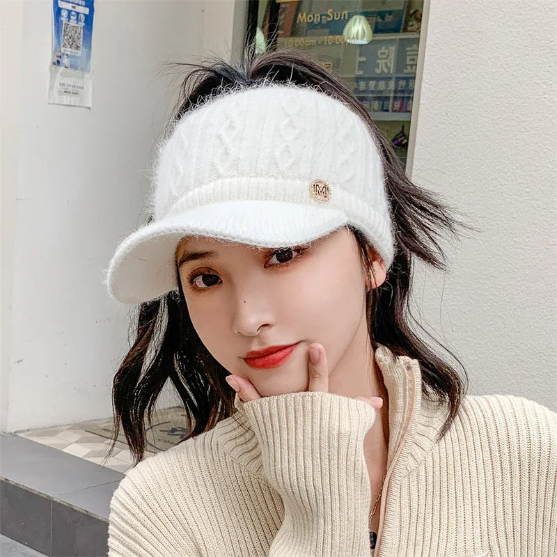 Women's autumn and winter empty top hat knitted rabbit fur and plush thickened warm ear protection duck tongue baseball cap
