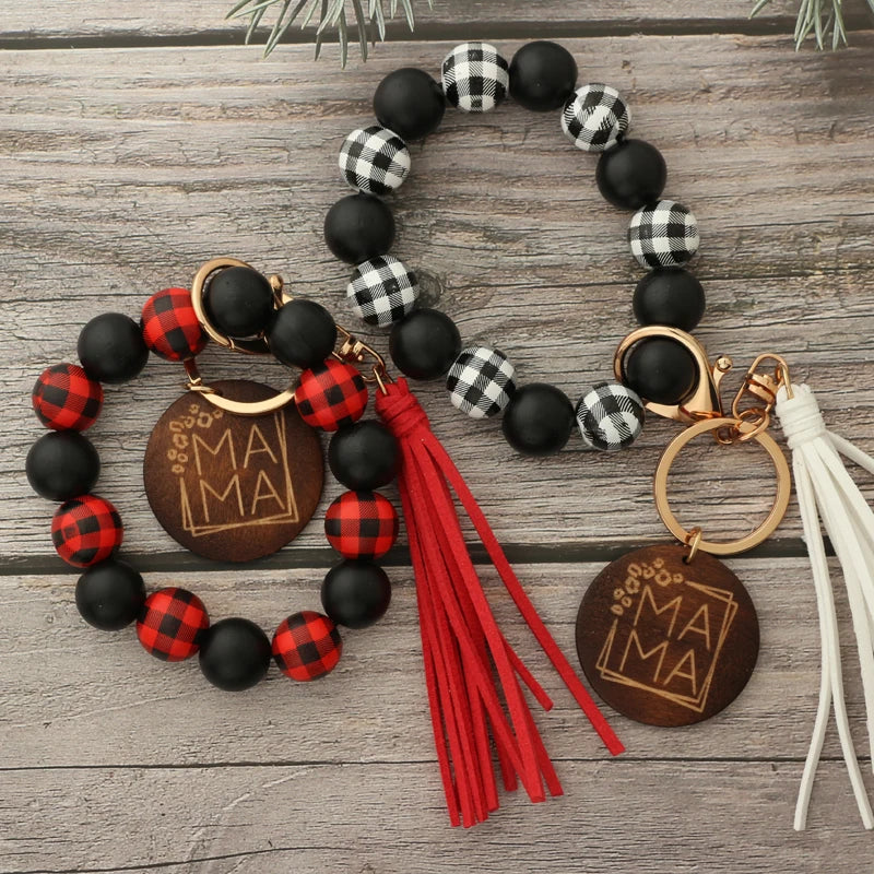 Hemasa Silicon Beads Wooden Disc Bracelet Tassel Keychain Wristlet Gift for Her Key Ring