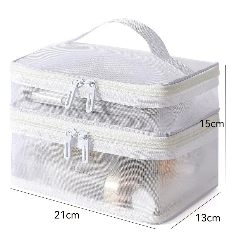 Hemasa Double Layer Mesh Cosmetic Bag  for Women/ Portable Make Up Case Big Capacity Travel Zipper Makeup Organizer Toiletry Storage Box
