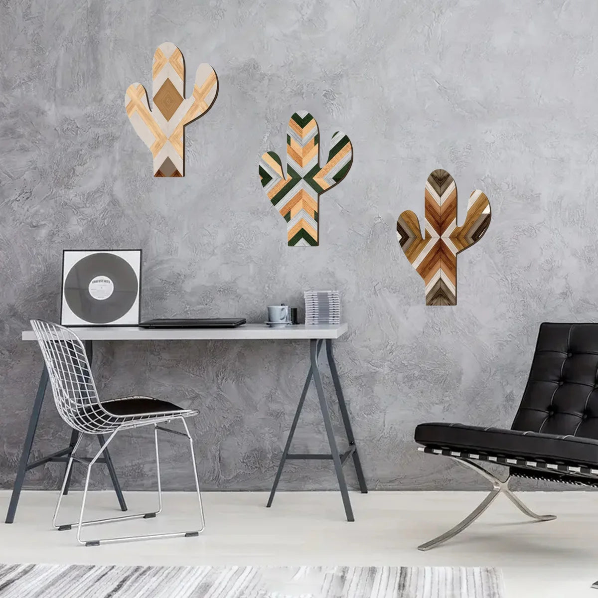 Hemasa 3Pcs Wooden Wall Decor Bohemian Style Cactus Decor, Rustic Flower Patterns Wood Home Decor Western Decor