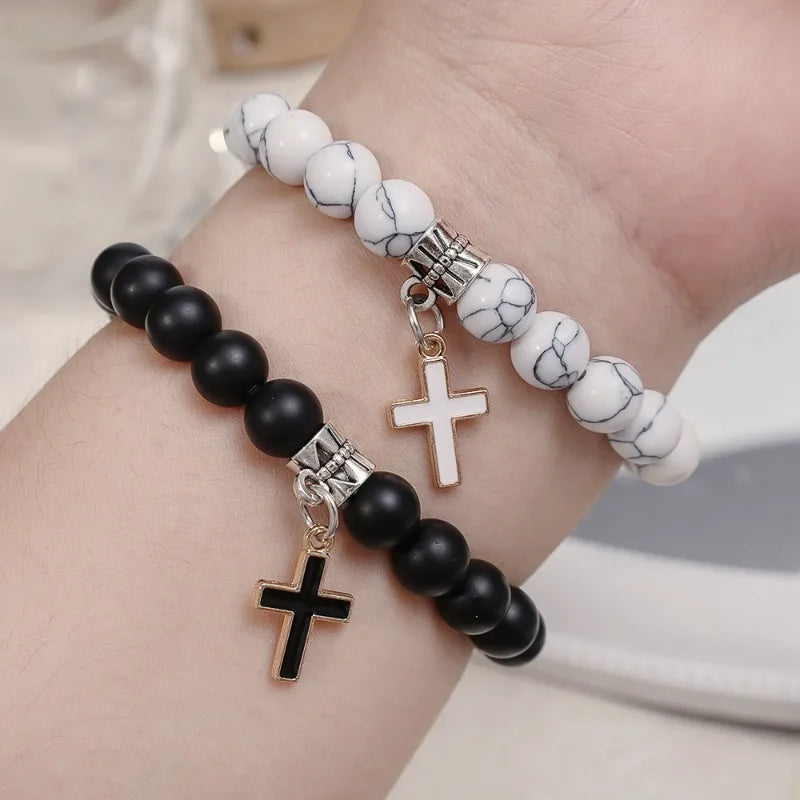 Couple Charm Natural Stone Bracelet Cross Black Lava Matte Beaded Bracelets Handmade Men Women Prayer Fitness Chain Jewelry Gift