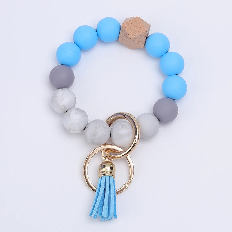 New Anti-Loss Women Wristlet Bracelet Keychain Silicone Round Beaded Keyring For Lobster Clasp Keychain Jewelry Bracelet