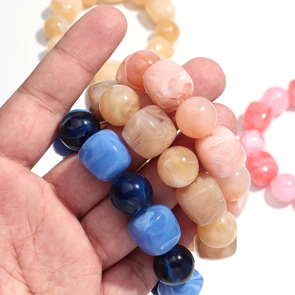 Bohemian Acrylic Geometric Square Round Beads Elastic Bracelets for Women Trendy Resin Beaded Stackable Bracelet Bangle Jewelry