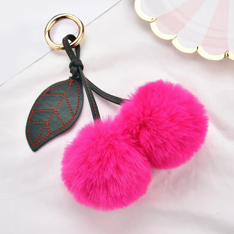 New Fashion Plush Cherry Keychains for Women Girls Fluffy Cartoon Rabbit Fur Ball Pompom Leaf Key Chains Rings Keyring Bag Gifts