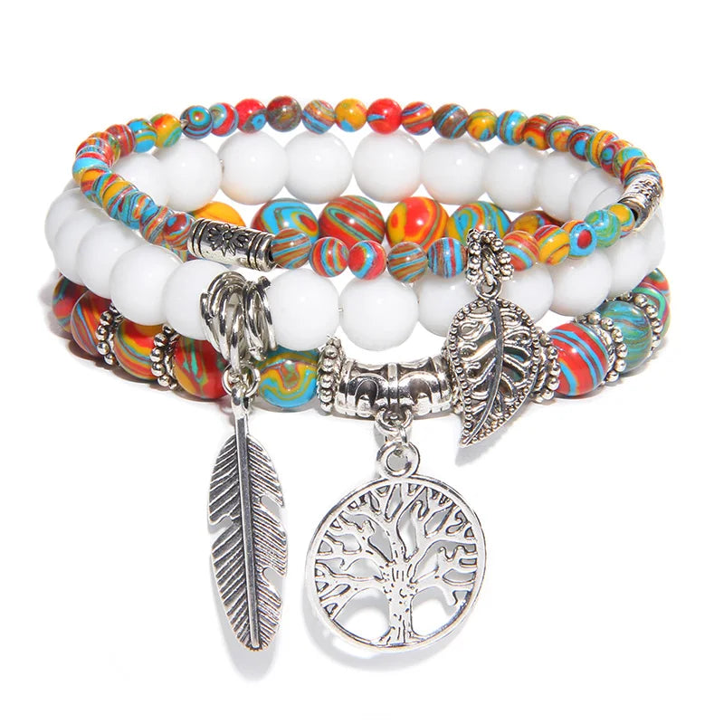 3Pcs Tree of Life Pendant Beads Bracelet Natural Stone Tiger Eye Turquoises Labradorite Bracelets for Women Men Couples Jewelry