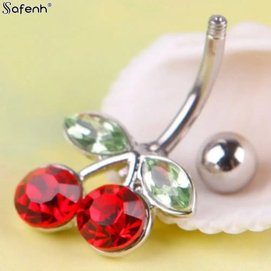 2Syles New Stainless Steel Rhinestone Red Cherry Navel Barbell Belly Button Ring Body Piercing