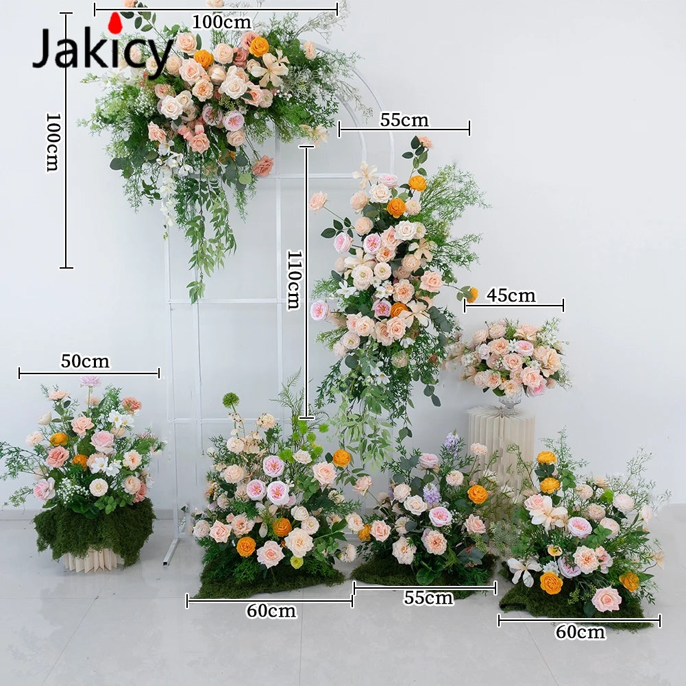 Luxury Champagne Rose Peony Green Leaf Table Runner Floral Event Road Lead Floor Flower Wedding Arch Deco Flower Row Arrangement