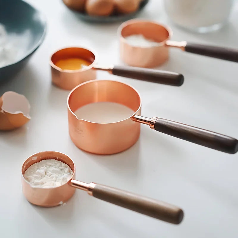 Heamasa Baking measuring cup  wooden handle rose gold measuring spoon 4-piece set 8-piece measuring spoon set