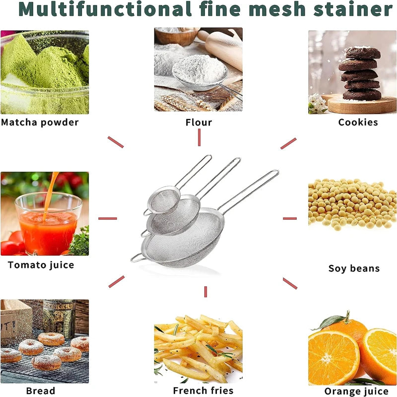 Hemasa 3/4Pcs /Set Stainless Steel Wire Fine Mesh Oil Strainer Flour Colander Sieve Sifter Pastry Baking Tools