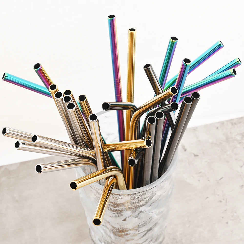 Hemasa 8pcs Stainless Steel Bent Straws Set Reusable Straws for Drinking Fruit Juice Milk Tea Coffee Colorful Straw with Cleaning Brush