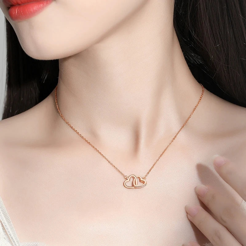 Hot Sale Fashion Double Love Heart Zircon Pendant Necklace 925 Sterling Silver Rose Gold Rhinestone Necklaces Women Jewelry Gift