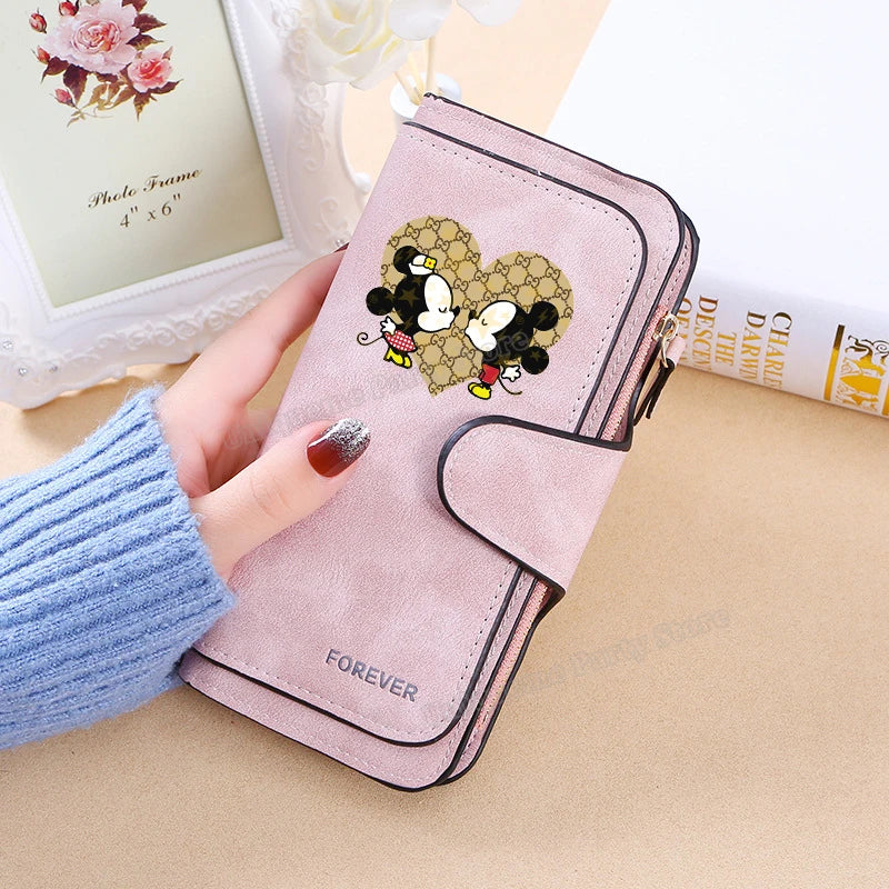 Mickey Minnie Mouse Pu Leather Wallet Women Zipper Frosted Coin Purse Ladies Credit ID Card Holder Disney Versatile Long Wallet