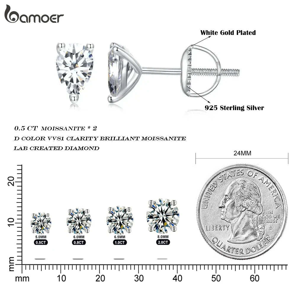 BAMOER Moissanite Stud Earrings, D Color Brilliant Pear Cut Lab Created Diamond 925 Silver Earrings Gold Plated for Women