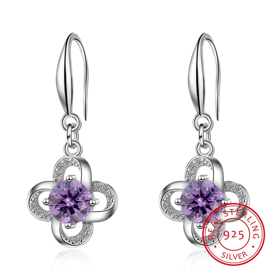 925 Sterling Silver Jewelry Sparkling Zirconia Clover Flower Twist Windmill Forever Drop Earrings For Women