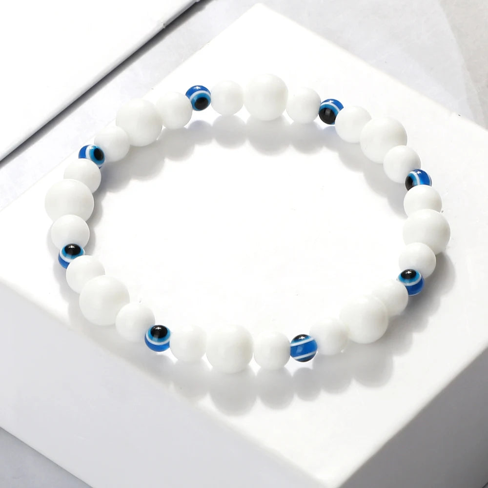 Blue Evil Eye Beaded Bracelets Natural Cat Eye Stone 6 8mm Opal Men Bangles Adjustable Women Bracelet Lucky Yoga Jewelry Gifts