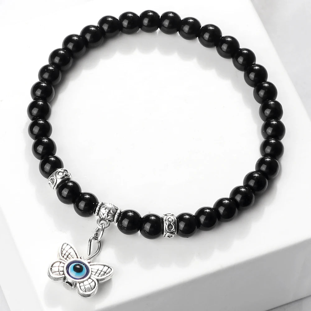 Heamsa 6mm Beads Bracelet with Butterfly  Charm for Women