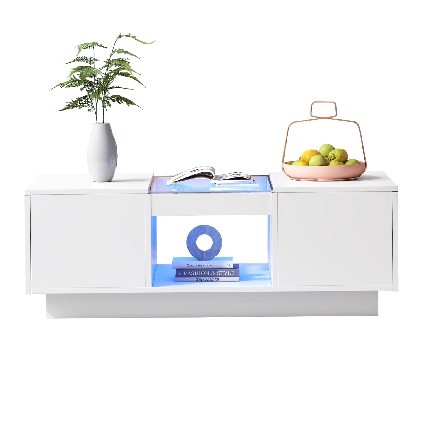 LED Lights Coffee Table For Living Room, Modern Center Table With Storage, 2 Tiers And 2 Drawers, Large Living Room Center Table