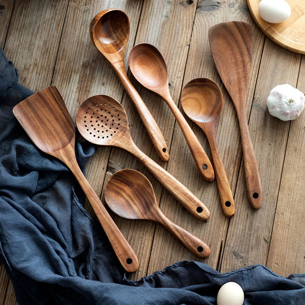 Hemasa Thailand Teak Natural Wood Tableware Spoon Ladle Turner Long Rice Colander Soup Skimmer Cooking Spoons Scoop Kitchen Tool Set