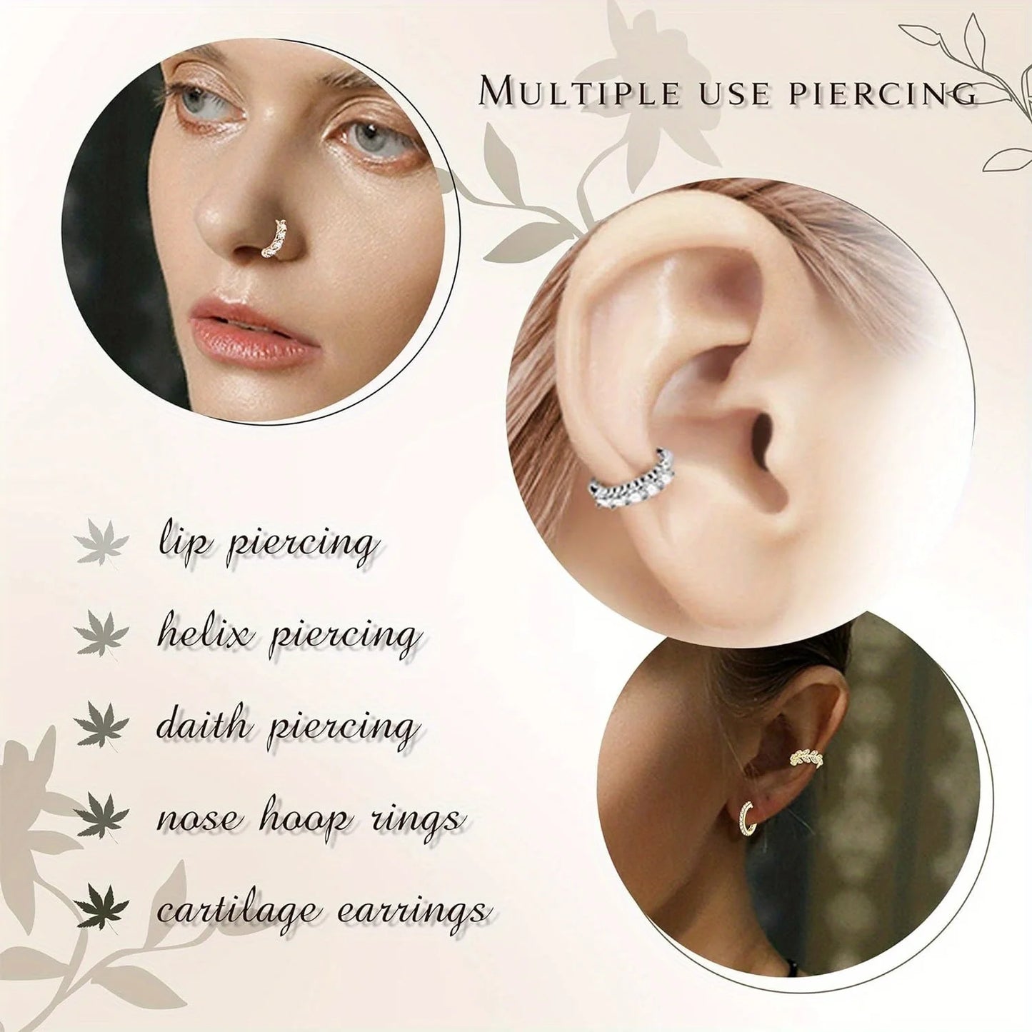 FINREZIO 1Pc Stainless Steel Nose Ring Hoop Stud Paved CZ Leaf Feather Flower Crawler Nose Ear Cartilage for Women Piercing Hoop
