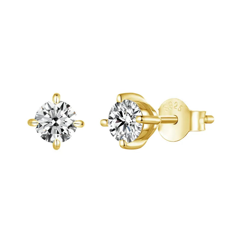 BAMOER Gold Plated Round Moissanite Stud Earrings for Women, 925 Sterling Silver Classic Engagement Wedding Jewelry Gift MSE038